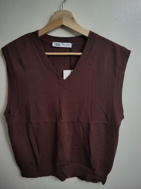 Zara Chocolate Brown V-Neck Knit Sweater Vest XL